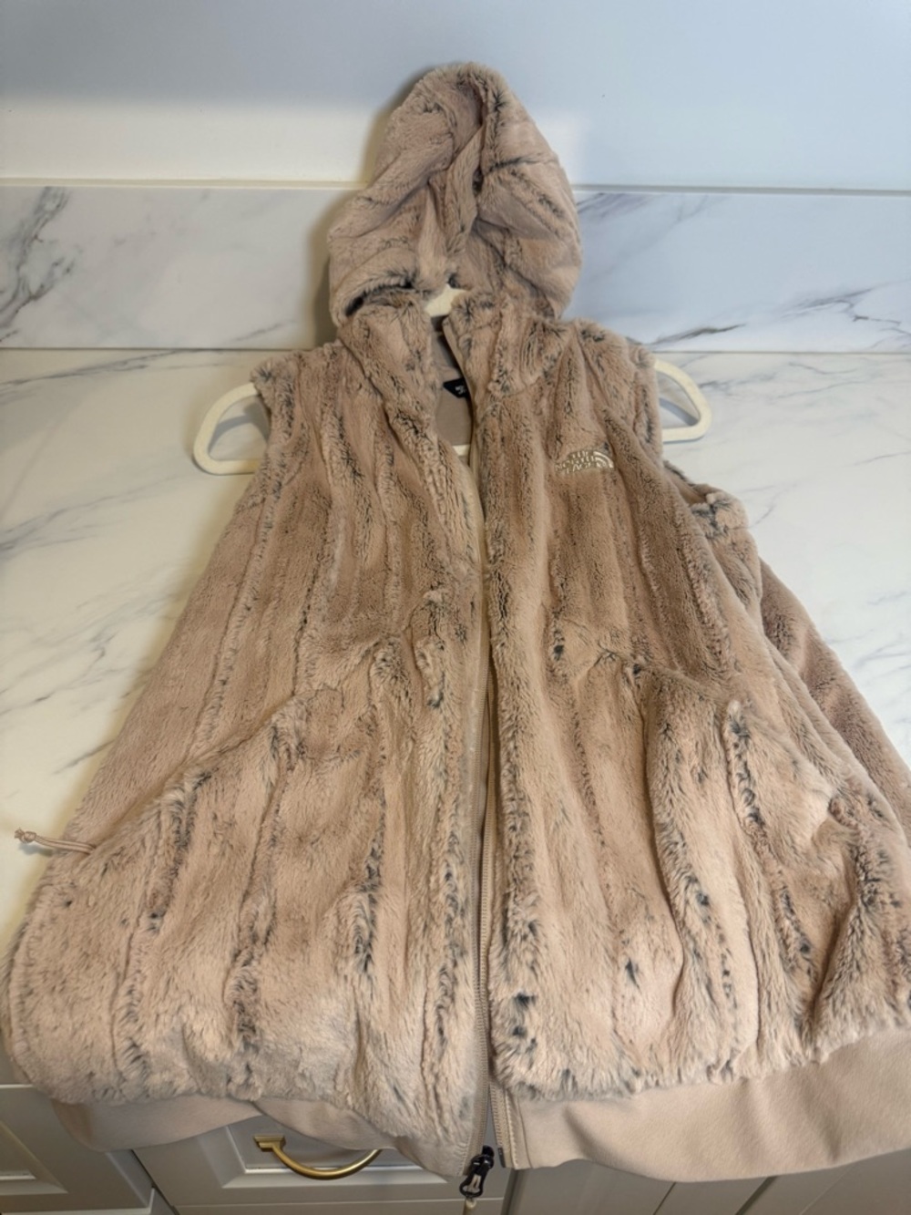 The north face beige tan faux fur zip up vest
